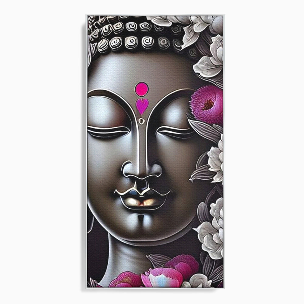 Tablou canvas cu tablou canvas cu chipul lui buddha si flori, in rama de aluminiu argintiu